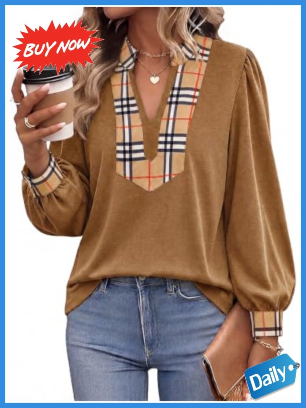 Puff Long Sleeve Plaid V Neck Knit Blouse Casual Dressy Top